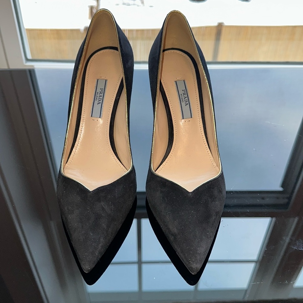Prada Black Swede Pumps- Black  with Gold Trim size 37